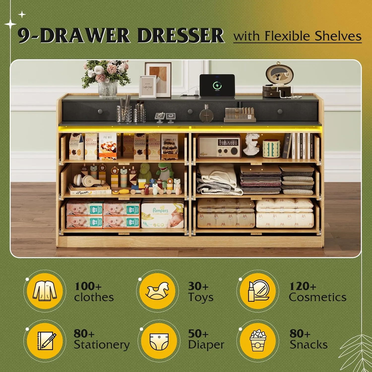 WLIVE 9 Drawer Led Dresser for Bedroom, 58.35'' Wide Wood Dresser Storage Organizer with Power Outlets for 65'' TV, Dressers with Open Shelves, Chest of Drawers for Closet, Living Room, Light Oak