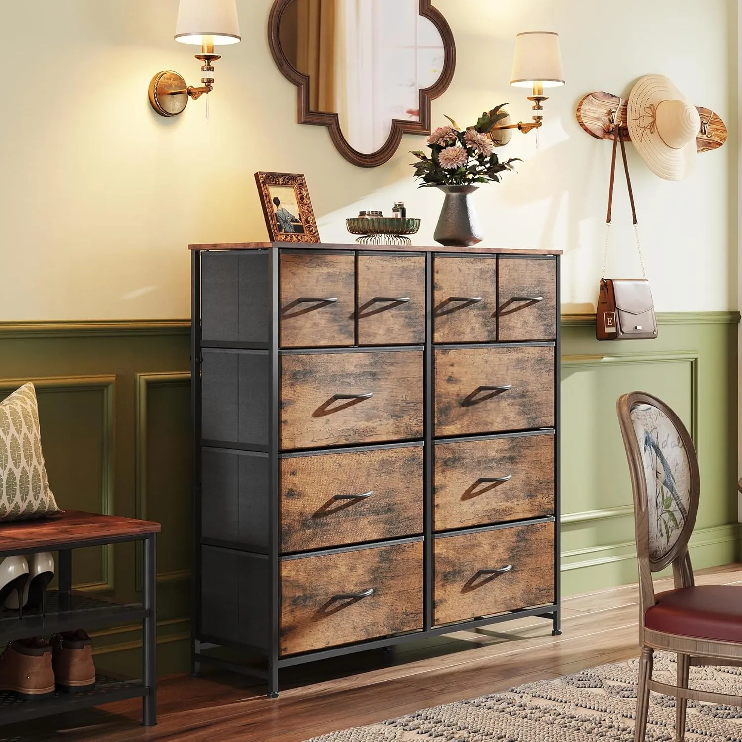 WLIVE Dresser for Bedroom with 10 Drawers, Wide Fabric Dresser for Storage and Organization, Bedroom Dressers, Chest of Drawers for Living Room, Closet, Hallway, Rustic Brown Wood Grain Print