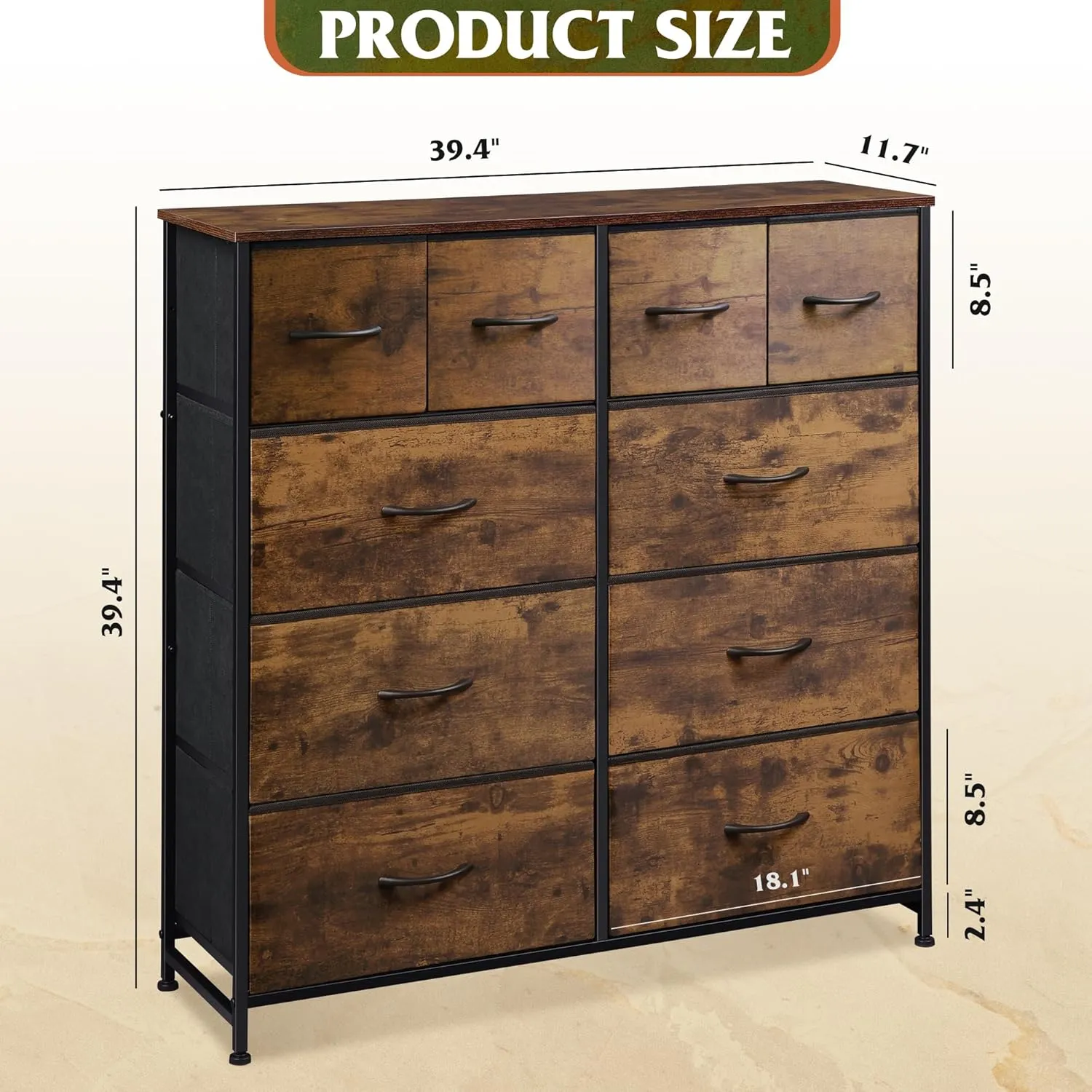 WLIVE Dresser for Bedroom with 10 Drawers, Wide Fabric Dresser for Storage and Organization, Bedroom Dressers, Chest of Drawers for Living Room, Closet, Hallway, Rustic Brown Wood Grain Print