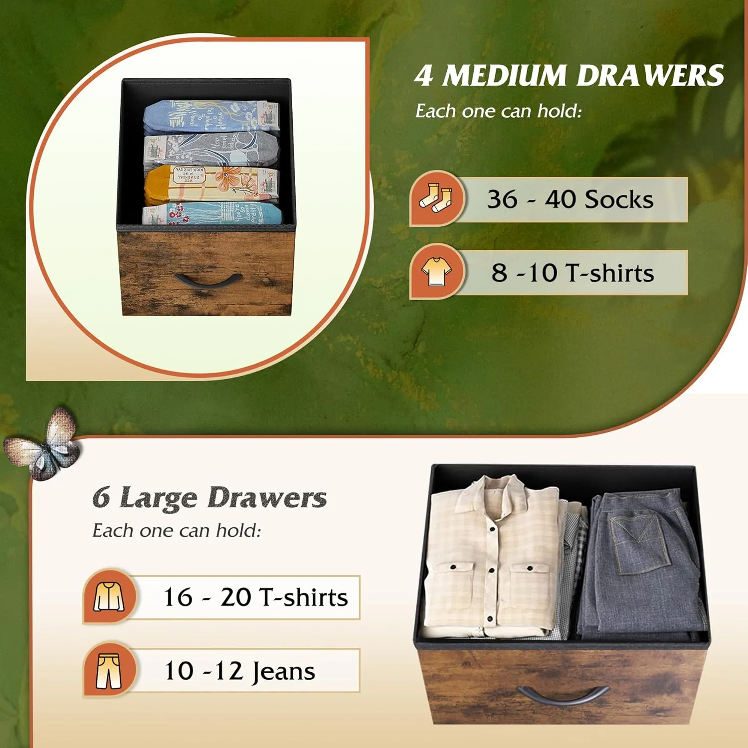 WLIVE Dresser for Bedroom with 10 Drawers, Wide Fabric Dresser for Storage and Organization, Bedroom Dressers, Chest of Drawers for Living Room, Closet, Hallway, Rustic Brown Wood Grain Print