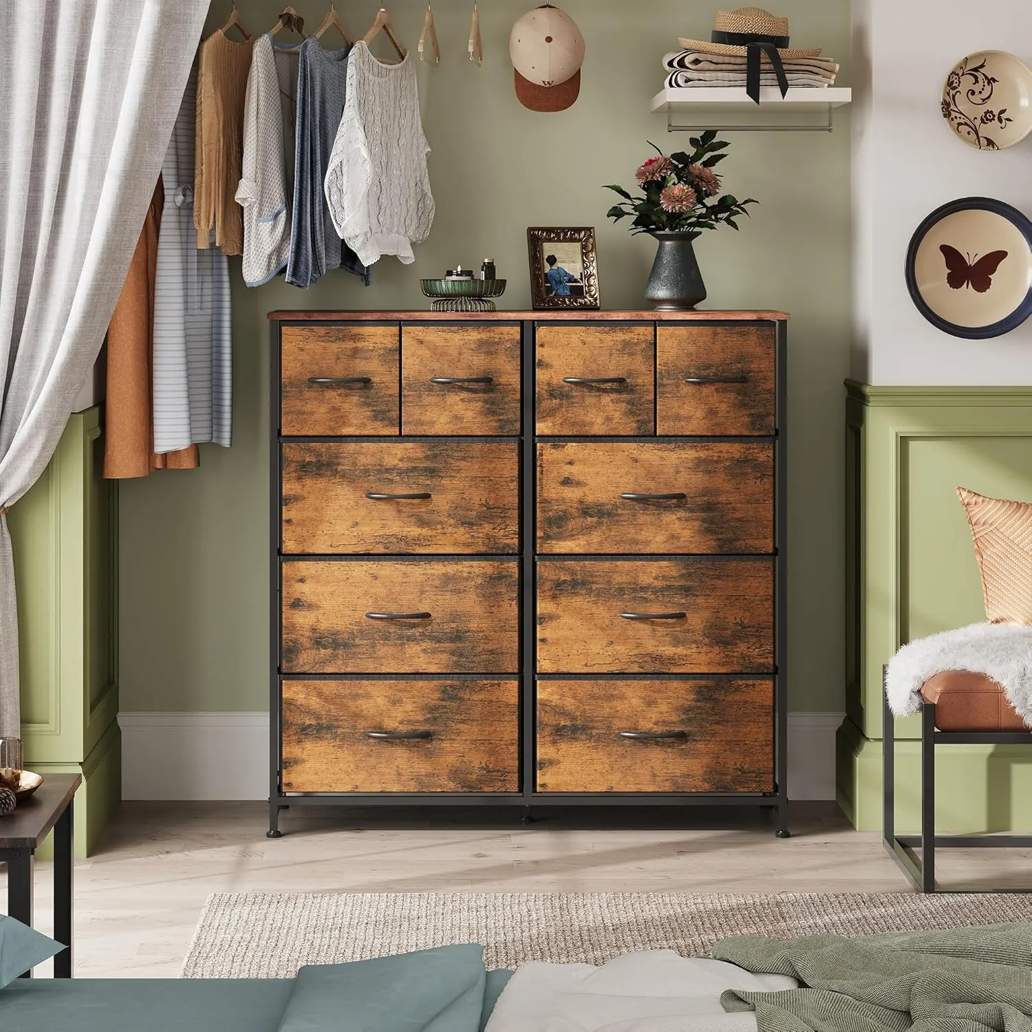 WLIVE Dresser for Bedroom with 10 Drawers, Wide Fabric Dresser for Storage and Organization, Bedroom Dressers, Chest of Drawers for Living Room, Closet, Hallway, Rustic Brown Wood Grain Print