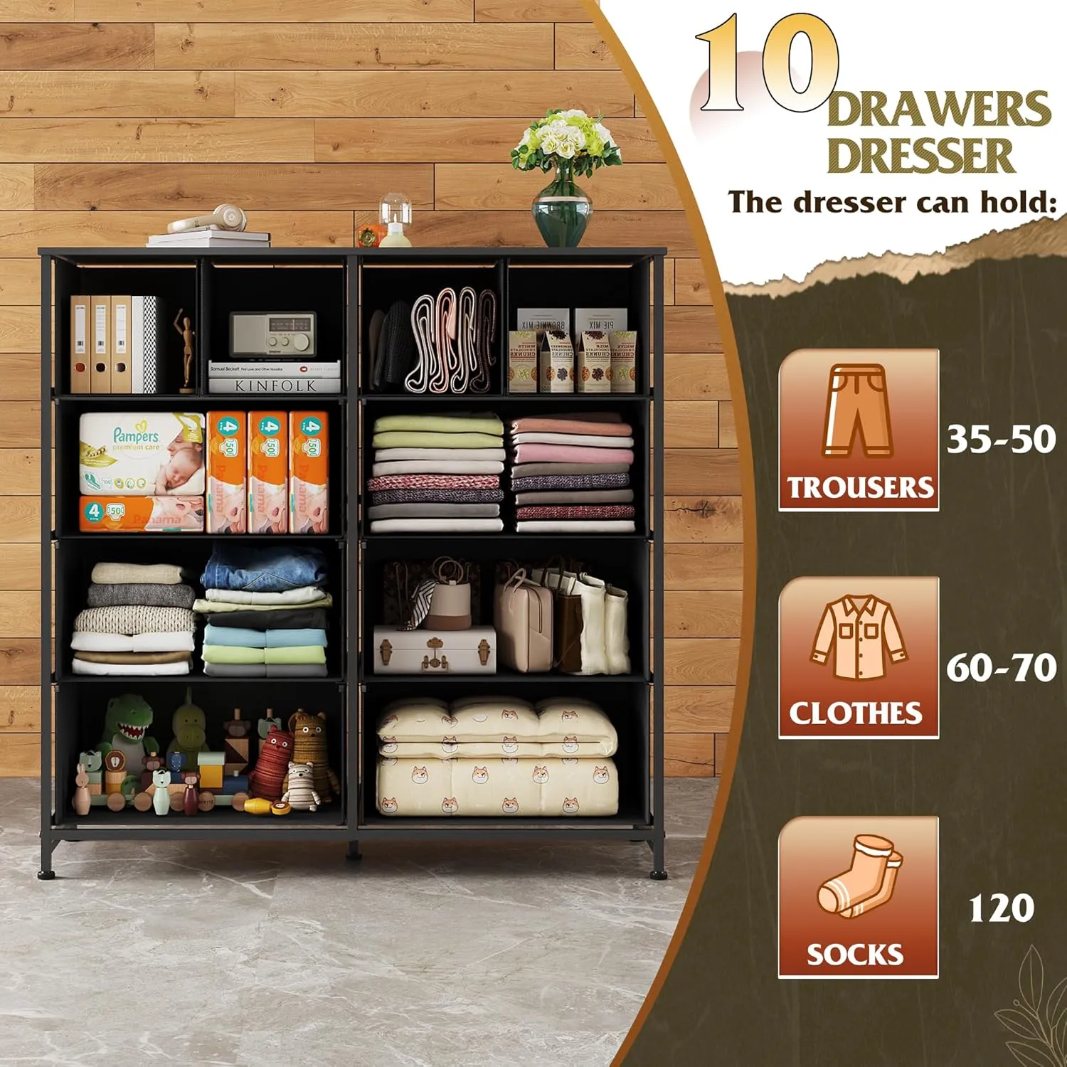 WLIVE Dresser for Bedroom with 10 Fabric Drawers, Tall Chest Organizer Units for Clothing, Closet, Storage Tower with Cabinet, Metal Frame, Wooden Top, Black Dresser for Living Room