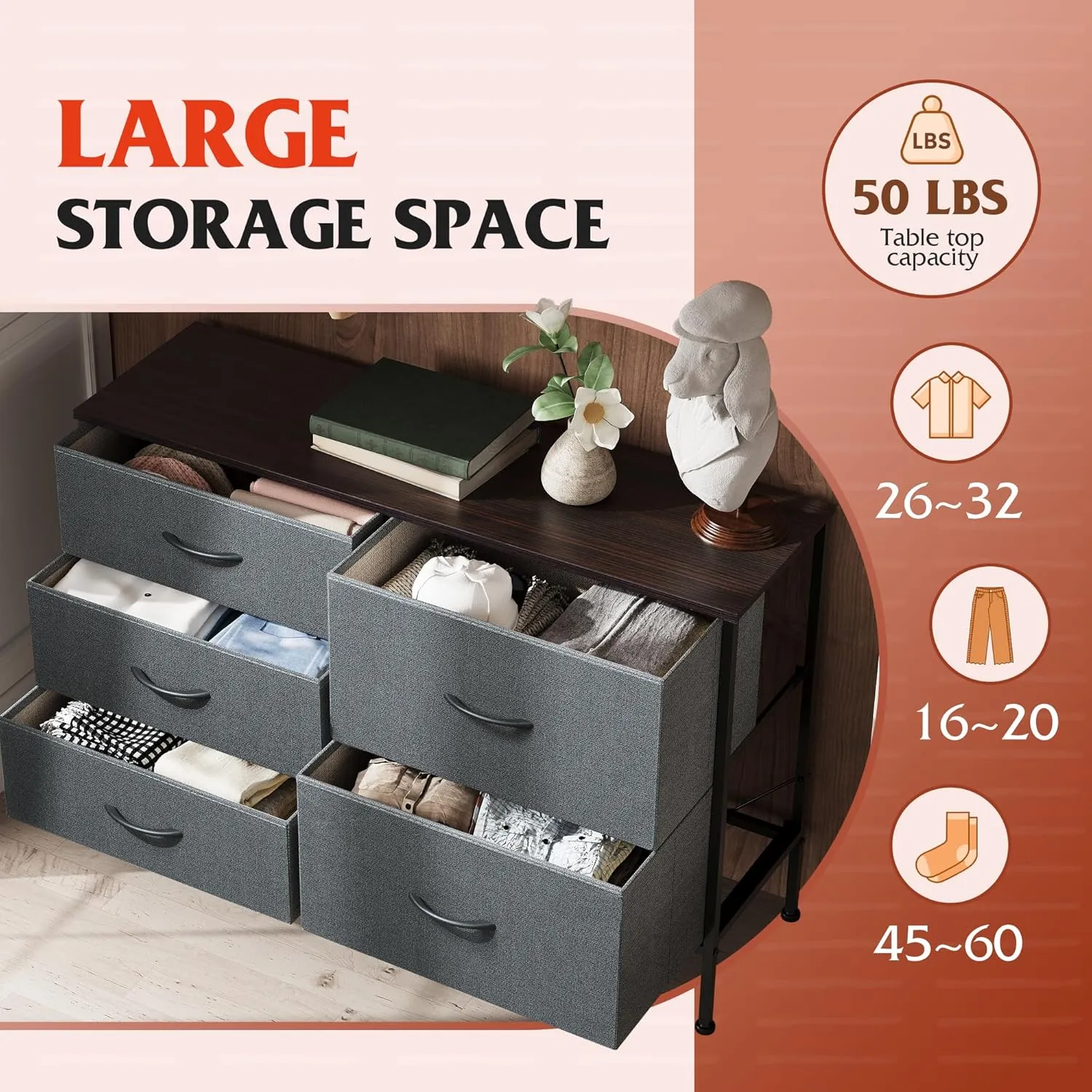 WLIVE Dresser for Bedroom with 5 Drawers, Wide Bedroom Dresser with Drawer Organizers, Chest of Drawers, Fabric Dresser for Living Room, Closet, Hallway, Dark Grey