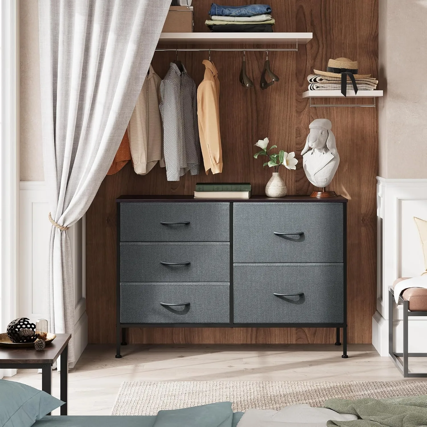 WLIVE Dresser for Bedroom with 5 Drawers, Wide Bedroom Dresser with Drawer Organizers, Chest of Drawers, Fabric Dresser for Living Room, Closet, Hallway, Dark Grey