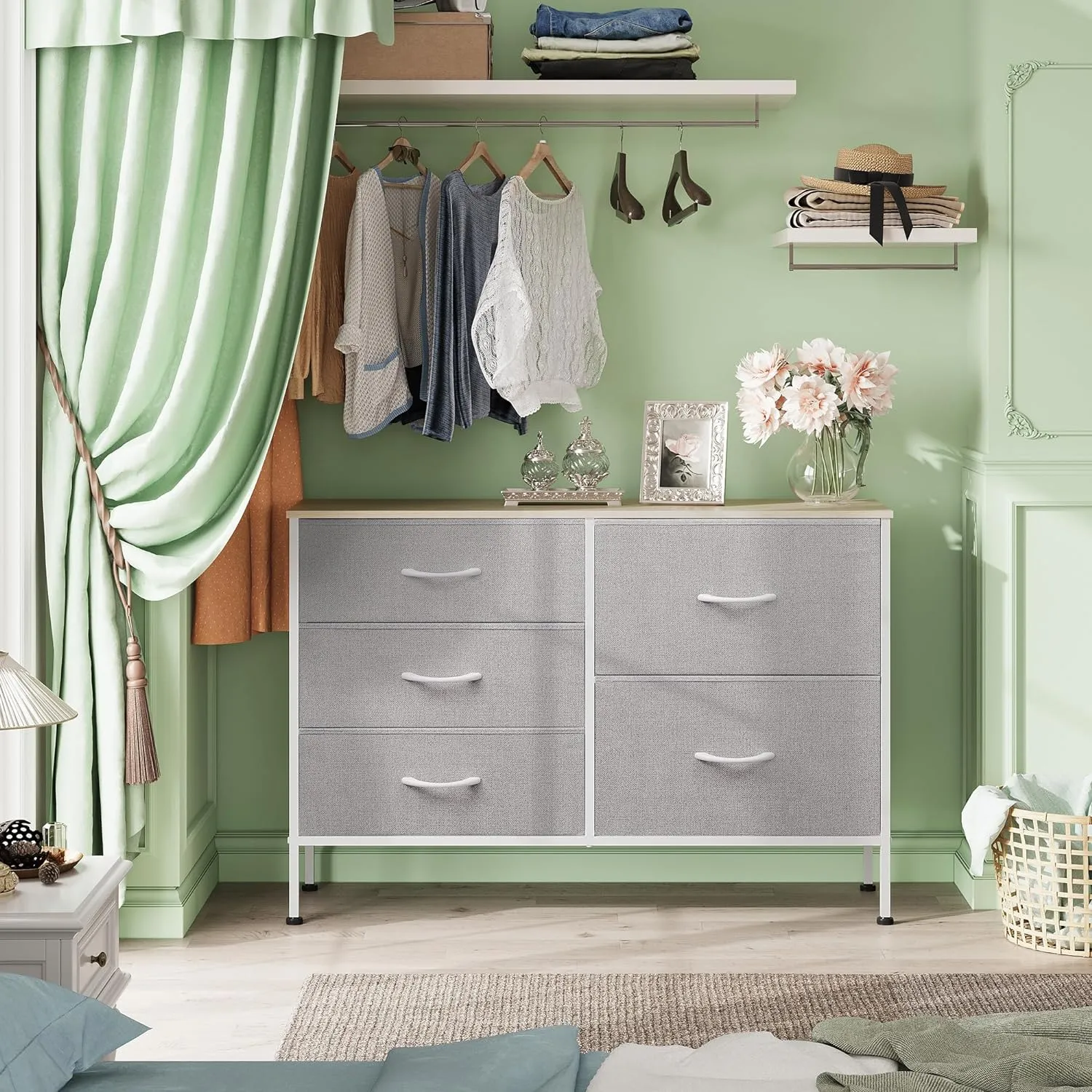WLIVE Dresser for Bedroom with 5 Drawers, Wide Bedroom Dressers with Drawer Organizers, Chest of Drawers, Fabric Dresser for Living Room, Closet, Hallway, Light Grey