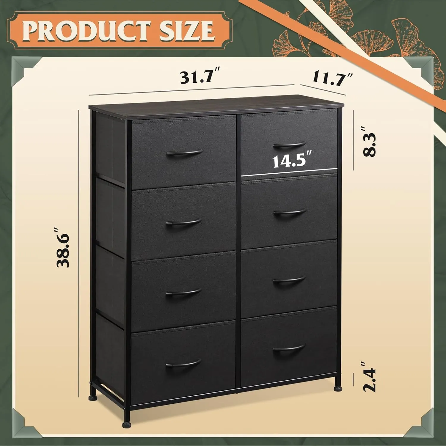 WLIVE Fabric Dresser for Bedroom, Tall Dresser with 8 Drawers, Storage Tower with Fabric Bins, Double Dressers, Chest of Drawers for Closet, Living Room, Hallway, Charcoal Black