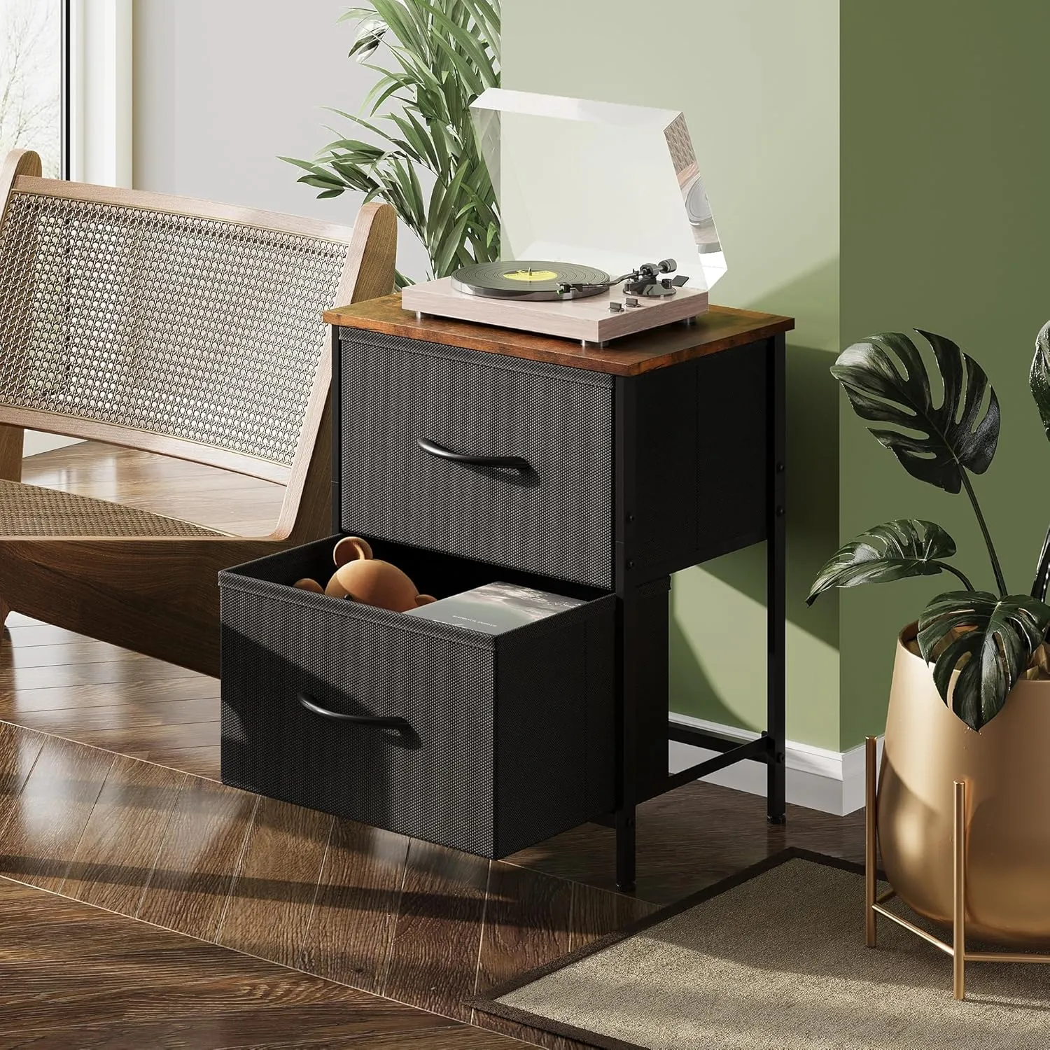 WLIVE Nightstand, 2 Drawer Dresser for Bedroom, Small Dresser with 2 Drawers, Bedside Furniture, Night Stand, End Table with Fabric Bins for Bedroom, Closet, Entryway, Black and Rustic Brown