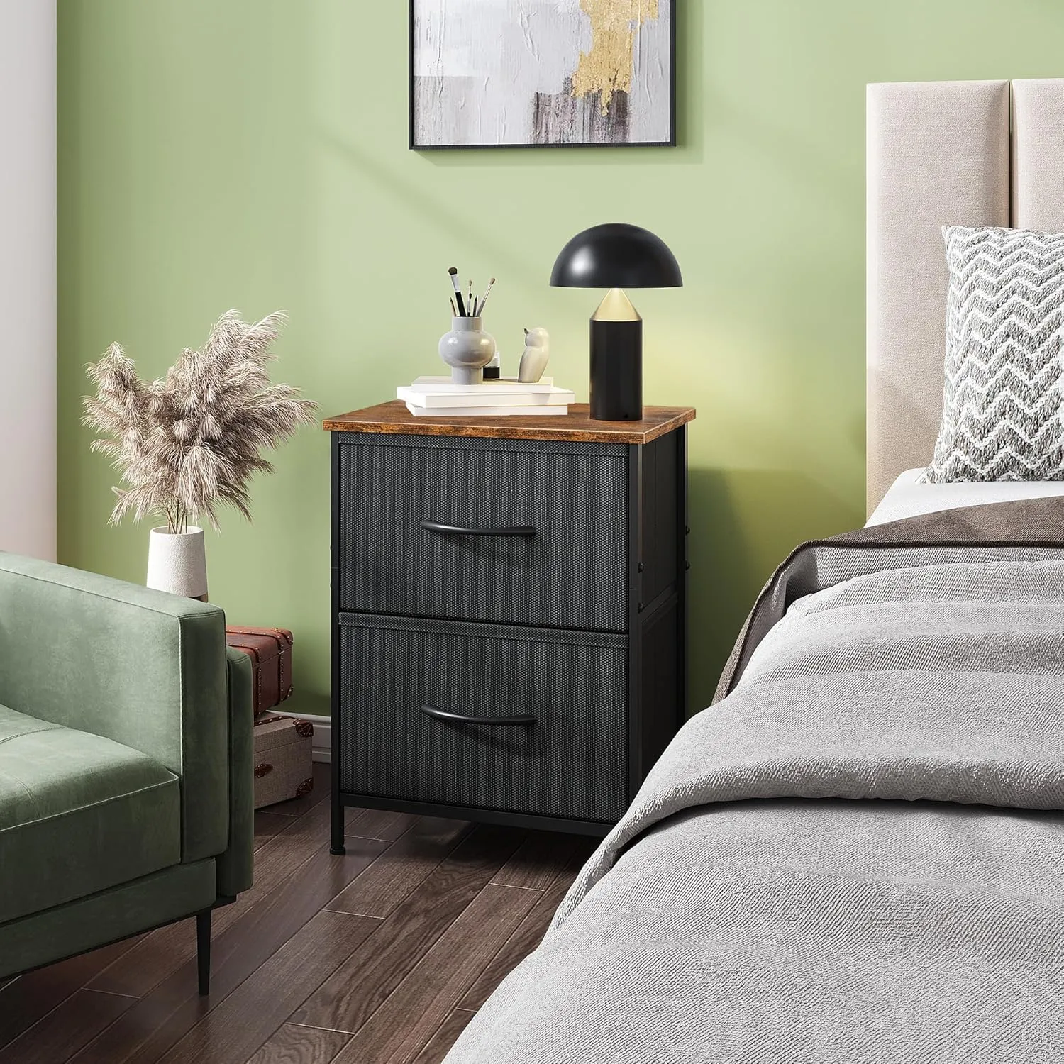 WLIVE Nightstand, 2 Drawer Dresser for Bedroom, Small Dresser with 2 Drawers, Bedside Furniture, Night Stand, End Table with Fabric Bins for Bedroom, Closet, Entryway, Black and Rustic Brown