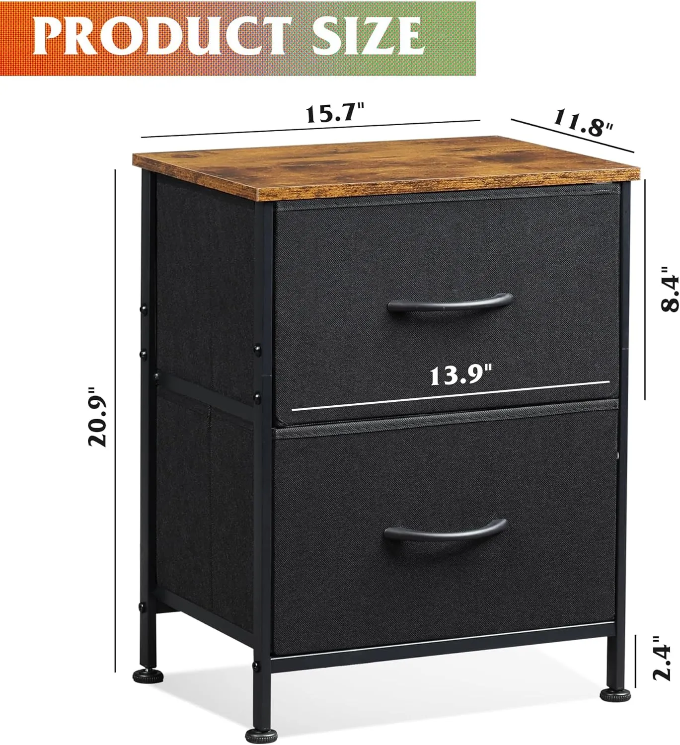 WLIVE Nightstand, 2 Drawer Dresser for Bedroom, Small Dresser with 2 Drawers, Bedside Furniture, Night Stand, End Table with Fabric Bins for Bedroom, Closet, Entryway, Black and Rustic Brown