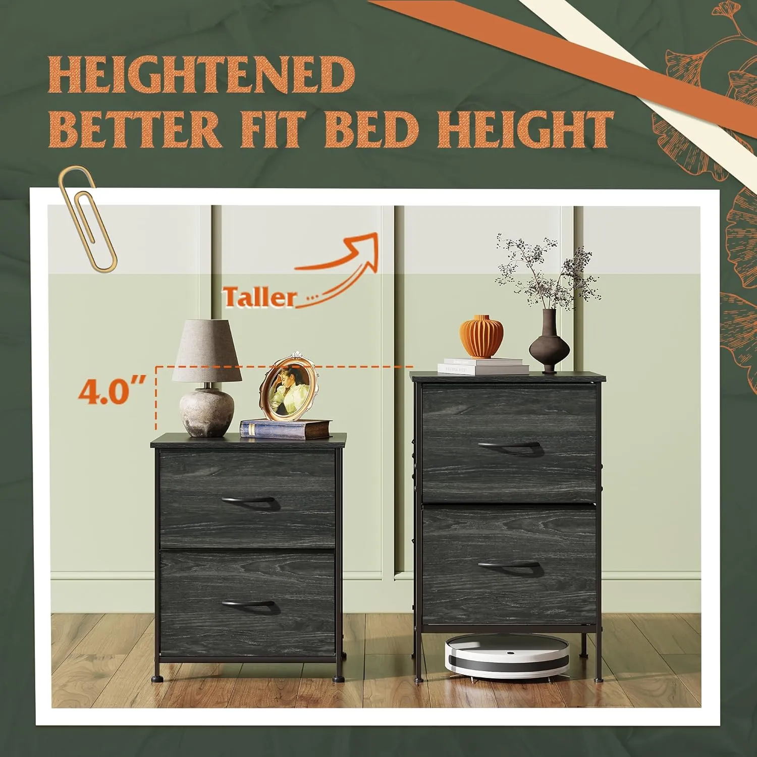 WLIVE Nightstand, Nightstand with 2 Drawers, Bedside Furniture, Night Stand, Small Dresser for Bedroom, College Dorm, End Table with Fabric Bins, Dormitory, Charcoal Black Wood Grain Print, Size L