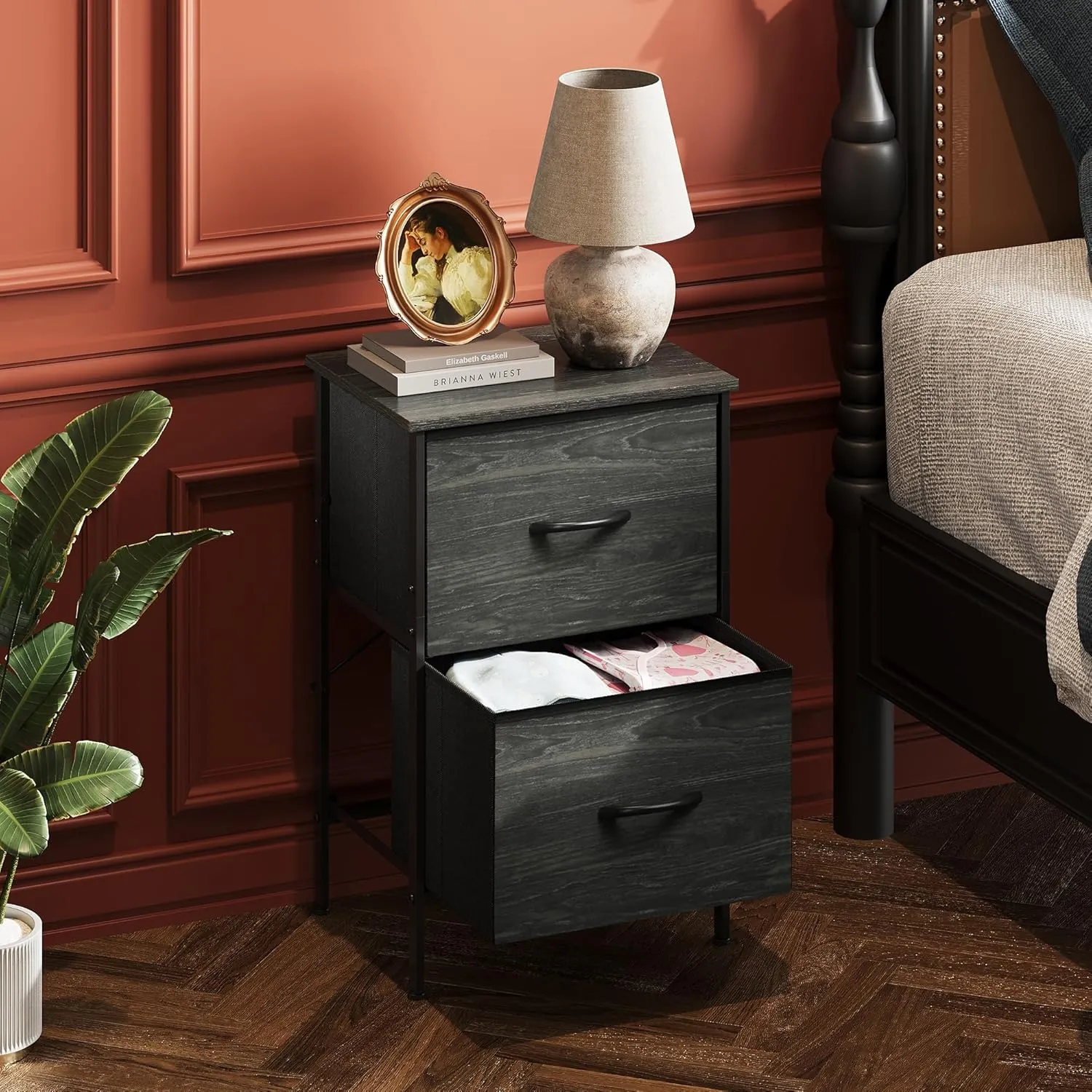 WLIVE Nightstand, Nightstand with 2 Drawers, Bedside Furniture, Night Stand, Small Dresser for Bedroom, College Dorm, End Table with Fabric Bins, Dormitory, Charcoal Black Wood Grain Print, Size L