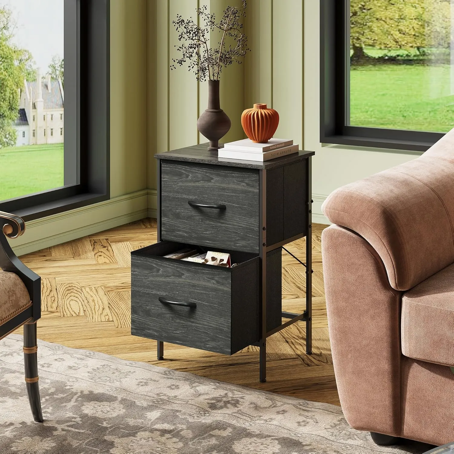 WLIVE Nightstand, Nightstand with 2 Drawers, Bedside Furniture, Night Stand, Small Dresser for Bedroom, College Dorm, End Table with Fabric Bins, Dormitory, Charcoal Black Wood Grain Print, Size L