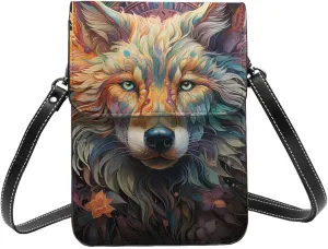 Wolf Moon Phase Trippy Animal Cool Leather Small Crossbody Bags for Women Cell Phone Bag Wallet Purses with Adjustable Strap