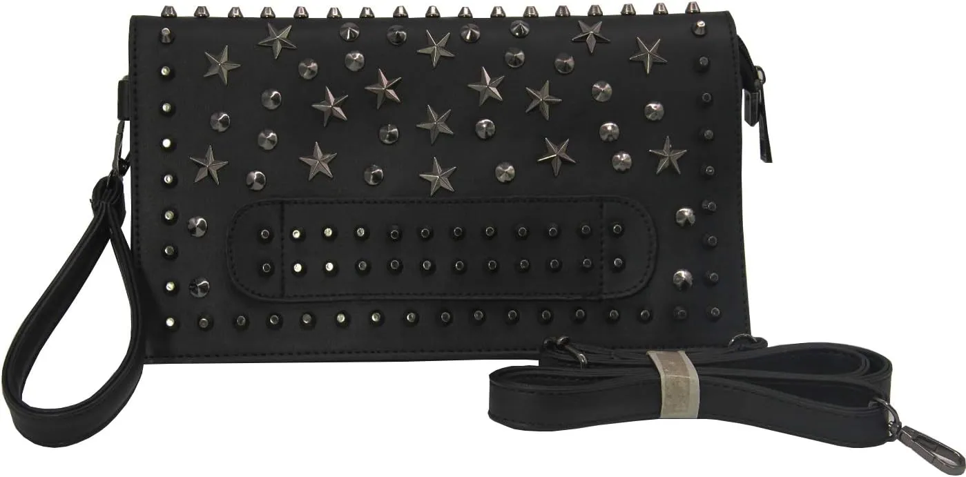 Women Classic Punk Style Rivet Clutch Purses Studded Shoulder Cross-Body Bag Wallet with Two Straps