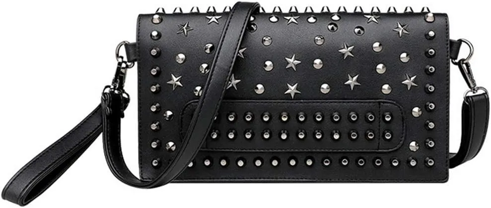 Women Classic Punk Style Rivet Clutch Purses Studded Shoulder Cross-Body Bag Wallet with Two Straps