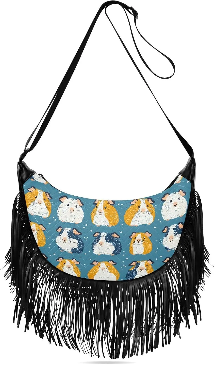 Women Crossbody Bag Fringe Hippie Purses Guinea Pigs Print, Western Tassel Bags with Adjustable Strap Fabric & PU Material