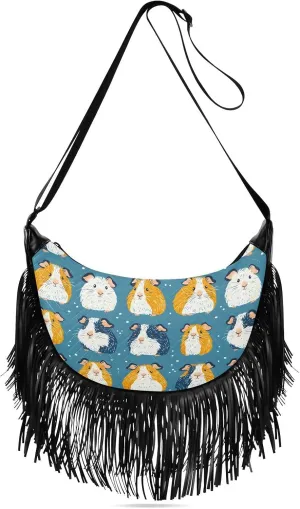 Women Crossbody Bag Fringe Hippie Purses Guinea Pigs Print, Western Tassel Bags with Adjustable Strap Fabric & PU Material