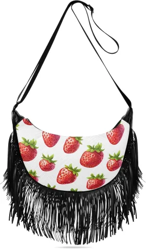 Women Crossbody Bag Fringe Hippie Purses Realistic Strawberry Print, Western Tassel Bags with Adjustable Strap Fabric & PU Material