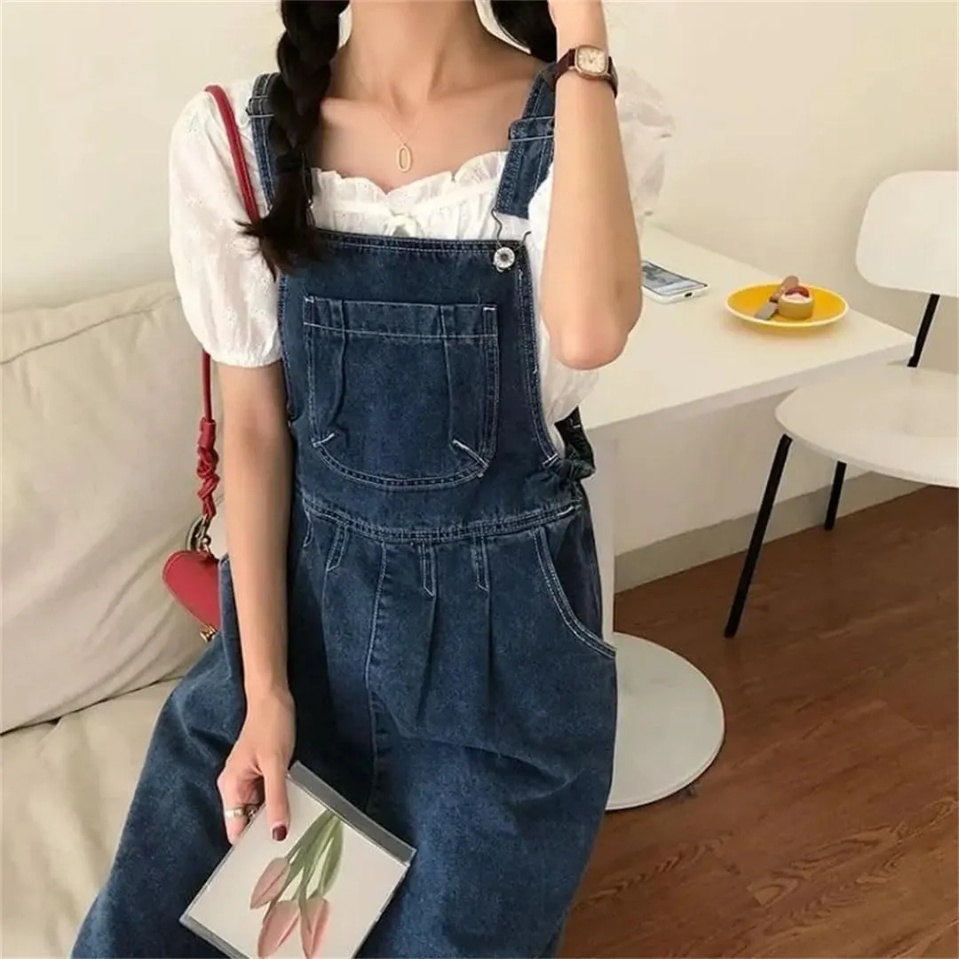 Women Denim Suspender Vintage Wash Blue A-Line One-Piece Korean Strap Skirt Female