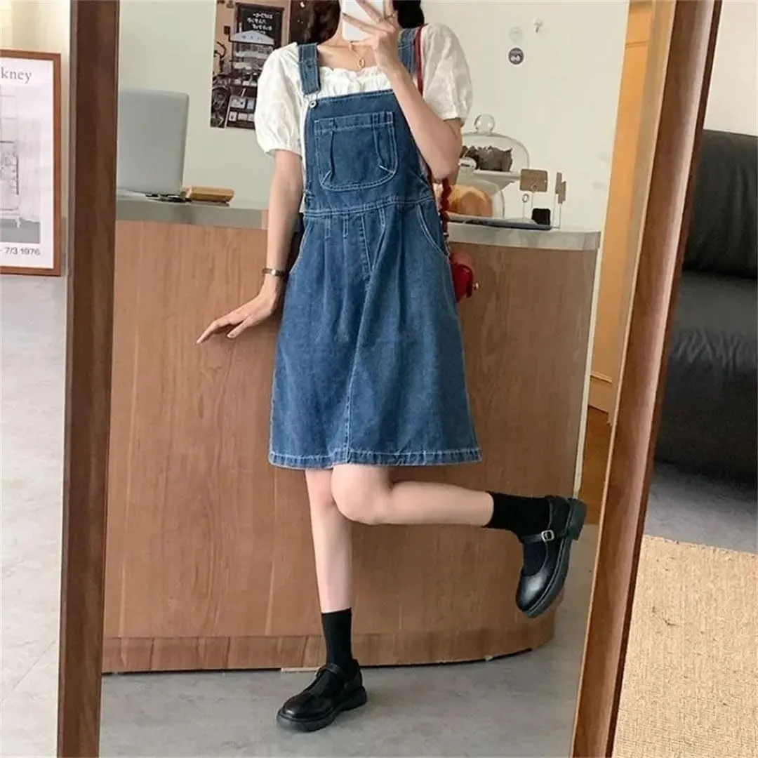 Women Denim Suspender Vintage Wash Blue A-Line One-Piece Korean Strap Skirt Female