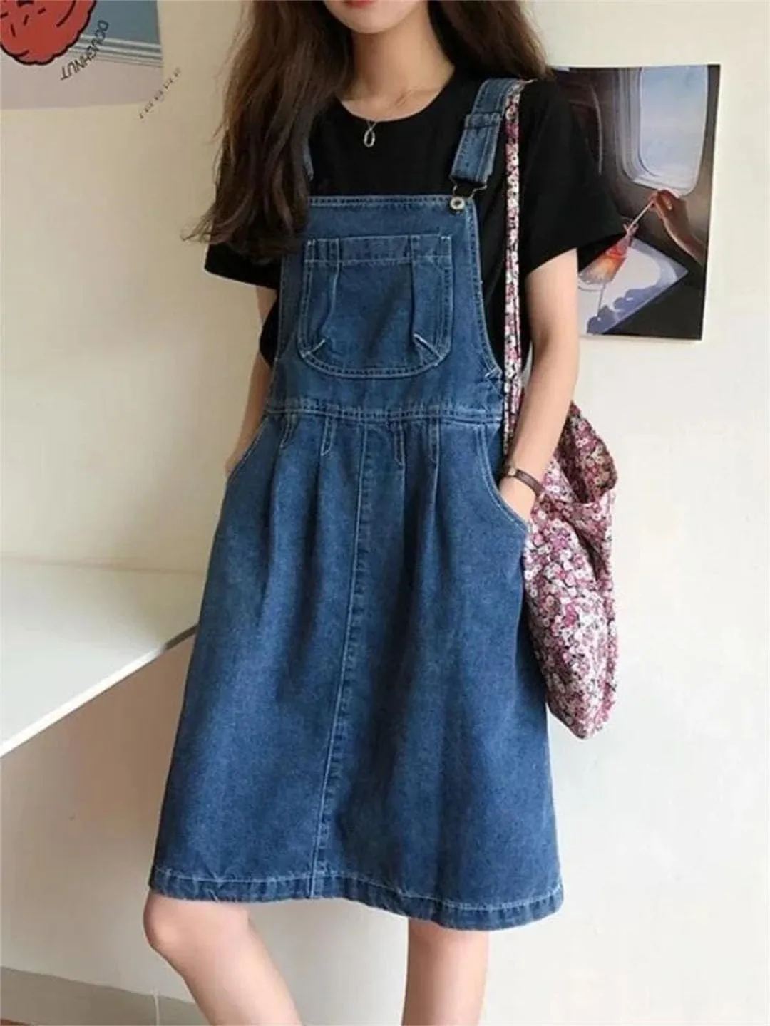 Women Denim Suspender Vintage Wash Blue A-Line One-Piece Korean Strap Skirt Female
