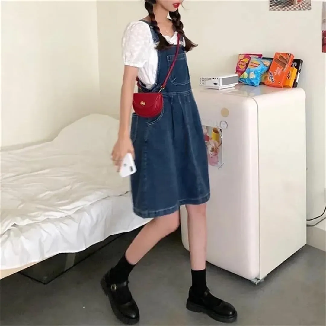 Women Denim Suspender Vintage Wash Blue A-Line One-Piece Korean Strap Skirt Female