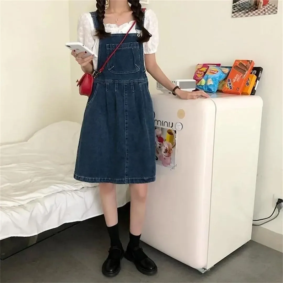 Women Denim Suspender Vintage Wash Blue A-Line One-Piece Korean Strap Skirt Female