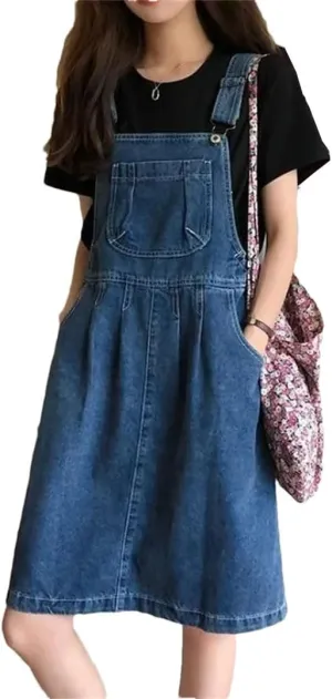Women Denim Suspender Vintage Wash Blue A-Line One-Piece Korean Strap Skirt Female
