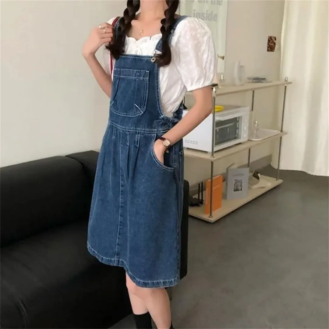 Women Denim Suspender Vintage Wash Blue A-Line One-Piece Korean Strap Skirt Female