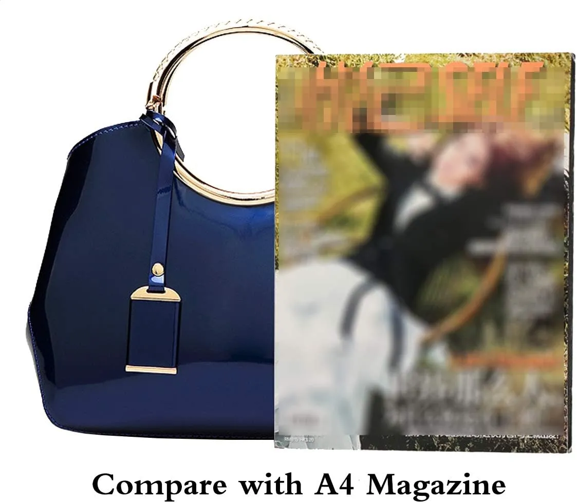 Women Elegant Handbag and Purse Top Handle Bag Patent Leather Tote Satchel Shoulder Clutch Crossbody Bag with Pendant Beige