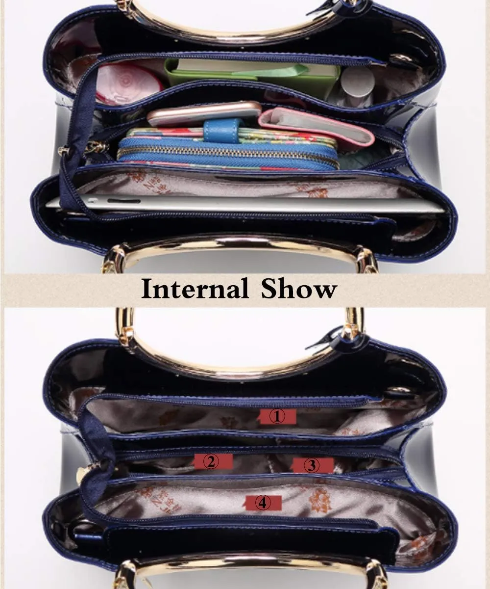 Women Elegant Handbag and Purse Top Handle Bag Patent Leather Tote Satchel Shoulder Clutch Crossbody Bag with Pendant Beige