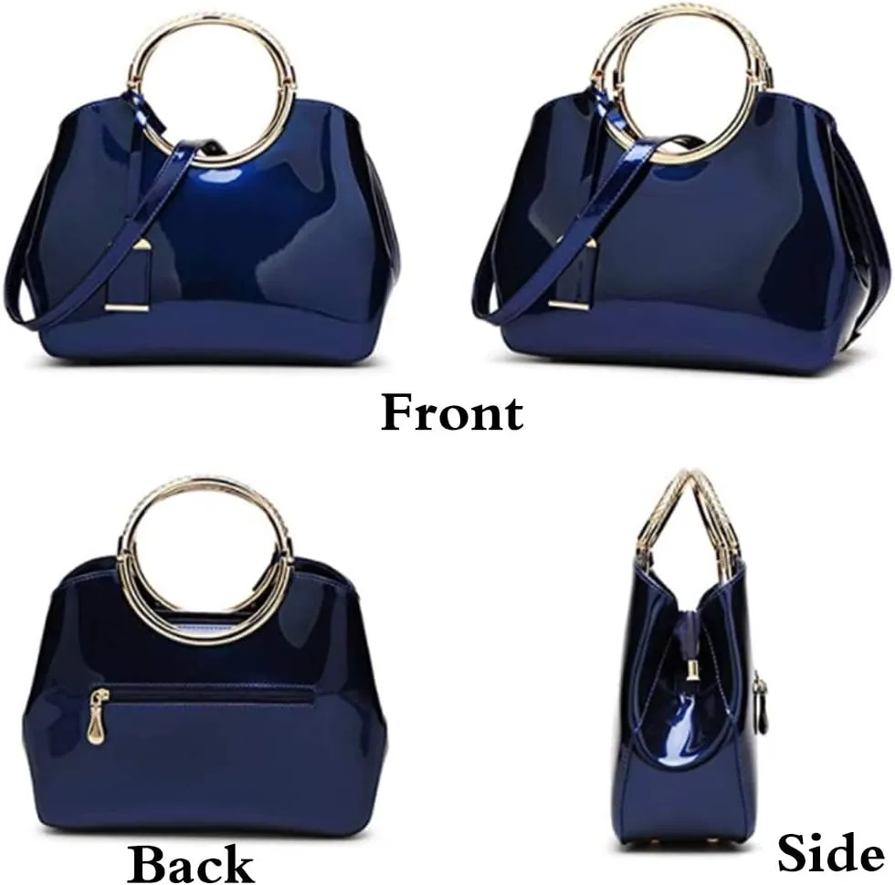 Women Elegant Handbag and Purse Top Handle Bag Patent Leather Tote Satchel Shoulder Clutch Crossbody Bag with Pendant Beige