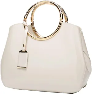 Women Elegant Handbag and Purse Top Handle Bag Patent Leather Tote Satchel Shoulder Clutch Crossbody Bag with Pendant Beige