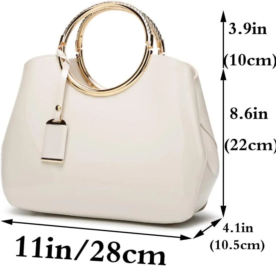 Women Elegant Handbag and Purse Top Handle Bag Patent Leather Tote Satchel Shoulder Clutch Crossbody Bag with Pendant Beige