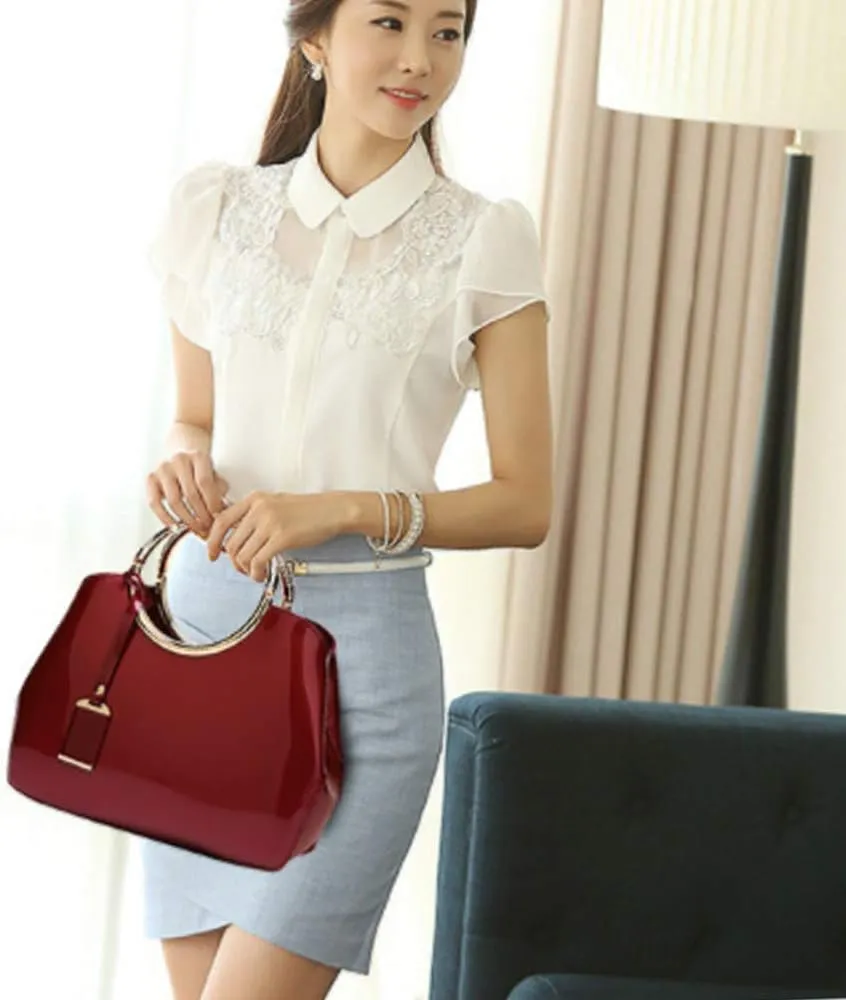 Women Elegant Handbag and Purse Top Handle Bag Patent Leather Tote Satchel Shoulder Clutch Crossbody Bag with Pendant Burgundy
