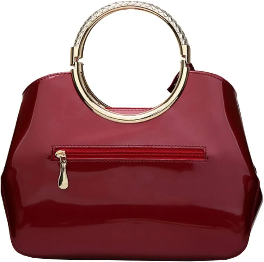 Women Elegant Handbag and Purse Top Handle Bag Patent Leather Tote Satchel Shoulder Clutch Crossbody Bag with Pendant Burgundy