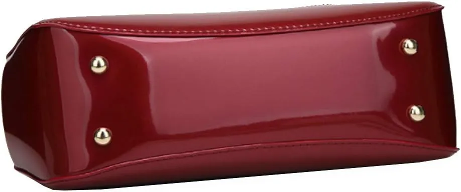 Women Elegant Handbag and Purse Top Handle Bag Patent Leather Tote Satchel Shoulder Clutch Crossbody Bag with Pendant Burgundy