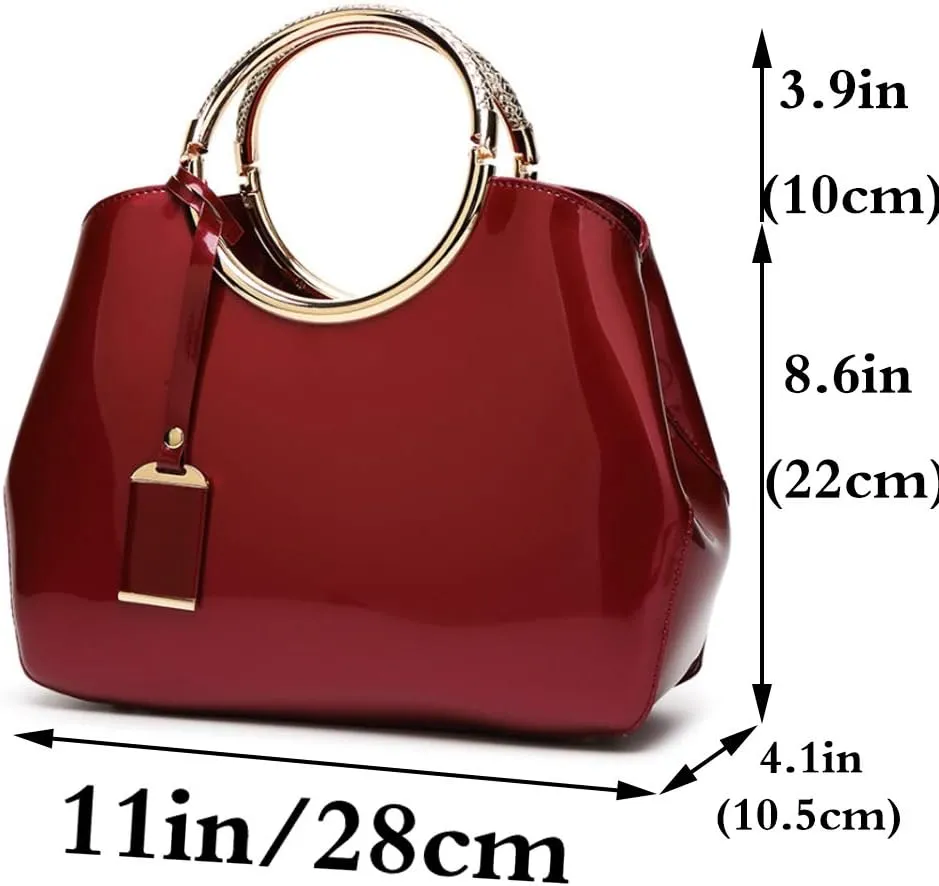 Women Elegant Handbag and Purse Top Handle Bag Patent Leather Tote Satchel Shoulder Clutch Crossbody Bag with Pendant Burgundy