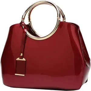 Women Elegant Handbag and Purse Top Handle Bag Patent Leather Tote Satchel Shoulder Clutch Crossbody Bag with Pendant Burgundy
