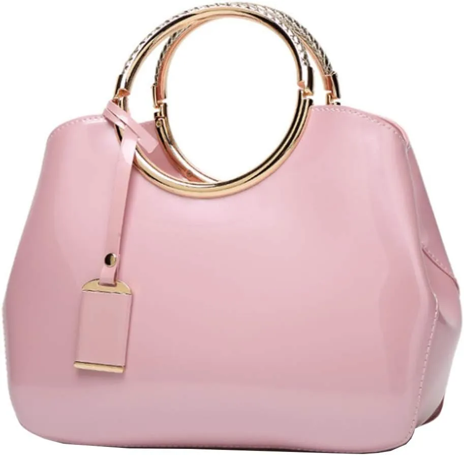 Women Elegant Handbag and Purse Top Handle Bag Patent Leather Tote Satchel Shoulder Clutch Crossbody Bag with Pendant Pink