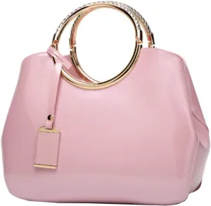 Women Elegant Handbag and Purse Top Handle Bag Patent Leather Tote Satchel Shoulder Clutch Crossbody Bag with Pendant Pink