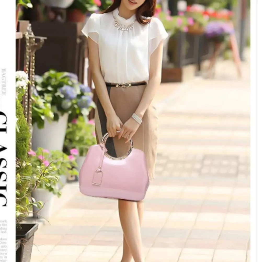 Women Elegant Handbag and Purse Top Handle Bag Patent Leather Tote Satchel Shoulder Clutch Crossbody Bag with Pendant Pink
