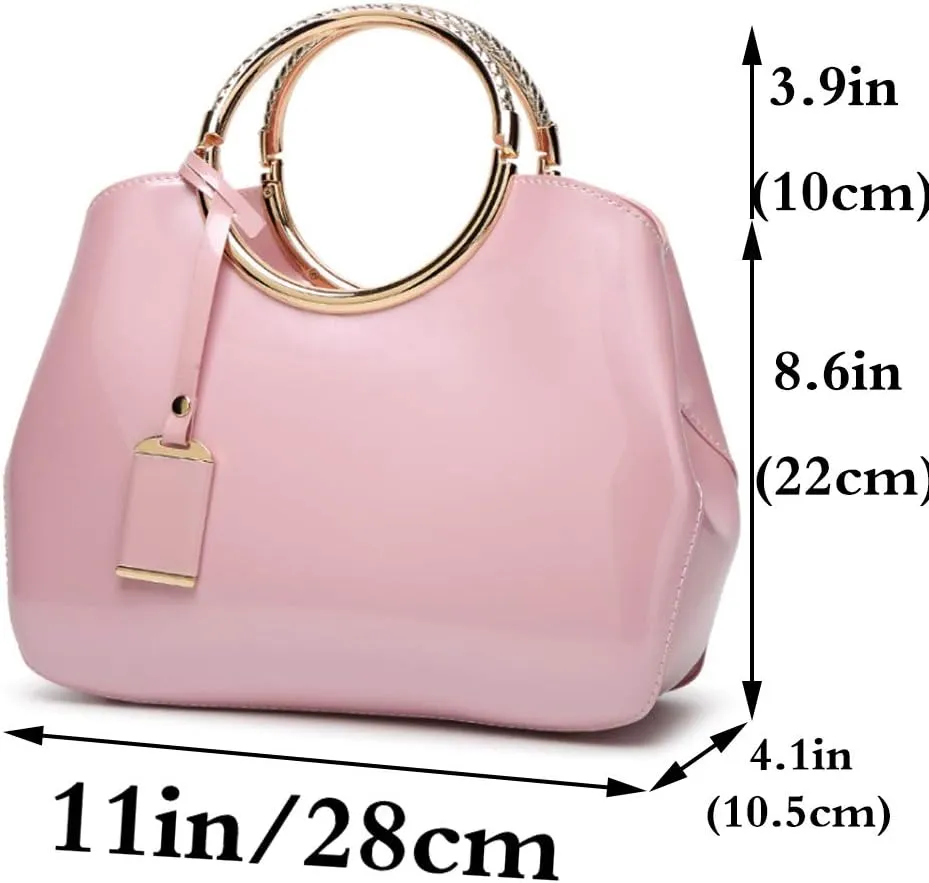 Women Elegant Handbag and Purse Top Handle Bag Patent Leather Tote Satchel Shoulder Clutch Crossbody Bag with Pendant Pink