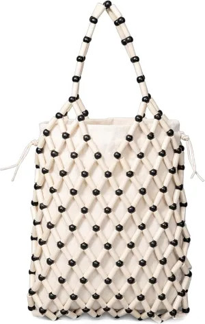 Women Girls Retro Wood Beaded Handbag Ladies Natural Handmade Drawstring Bucket Shoulder Bags Party Beach Vacation Tote Purse