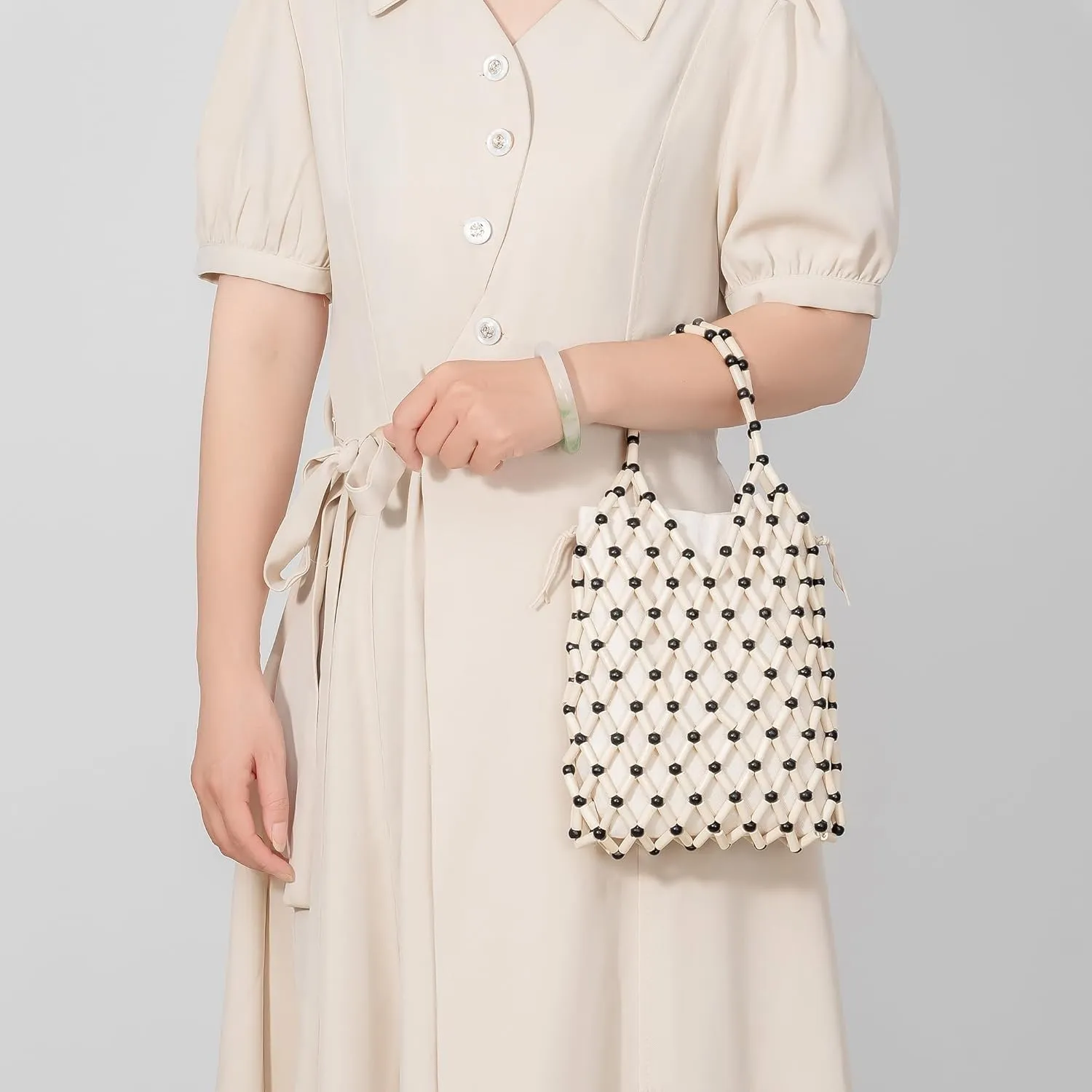 Women Girls Retro Wood Beaded Handbag Ladies Natural Handmade Drawstring Bucket Shoulder Bags Party Beach Vacation Tote Purse