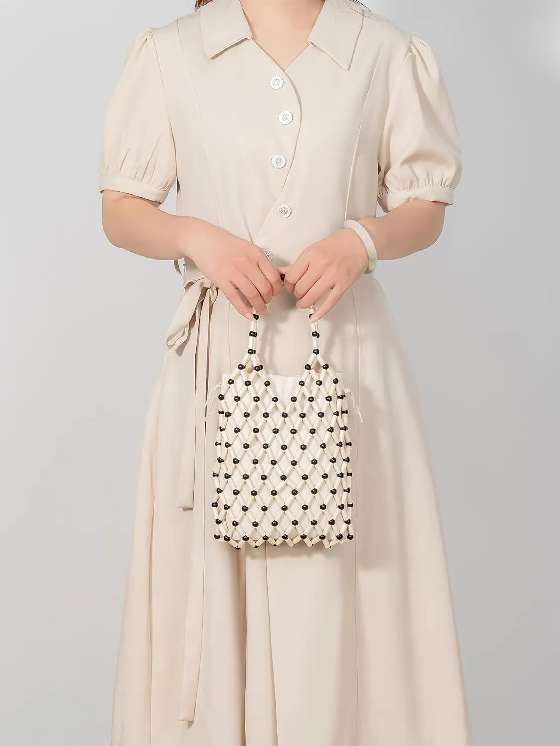 Women Girls Retro Wood Beaded Handbag Ladies Natural Handmade Drawstring Bucket Shoulder Bags Party Beach Vacation Tote Purse