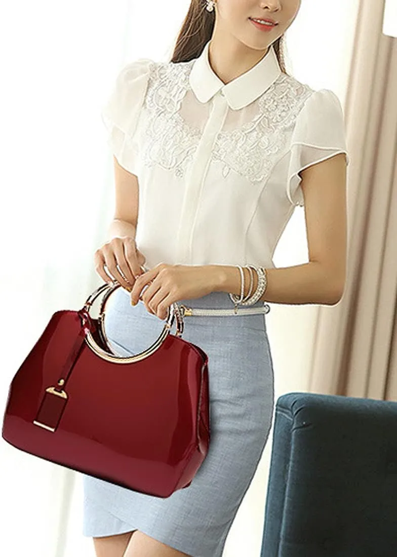 Women Ladies Purse and Handbag Patent Leather Satchel Tote Top Handle Shoulder Bag with Pendant