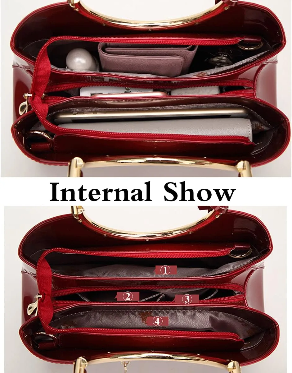 Women Ladies Purse and Handbag Patent Leather Satchel Tote Top Handle Shoulder Bag with Pendant