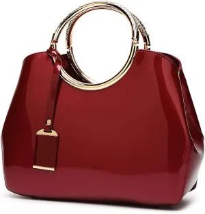 Women Ladies Purse and Handbag Patent Leather Satchel Tote Top Handle Shoulder Bag with Pendant