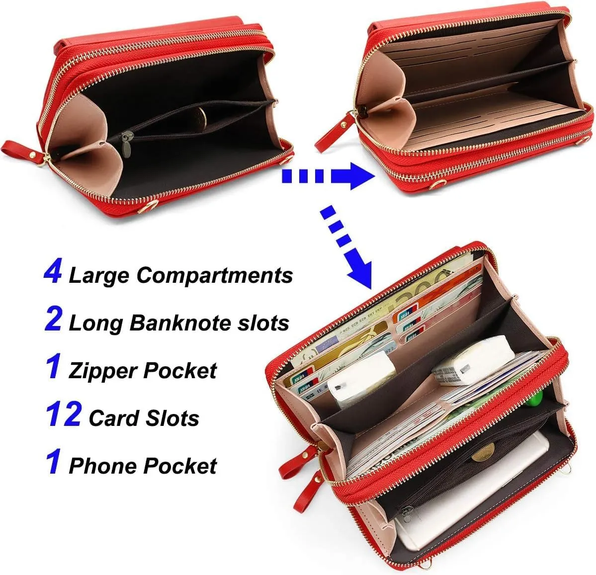 Women Leather Wallet Crossbody Shoulder Bag with Double Zipper and Mobile Phone Purse with Shoulder Strap